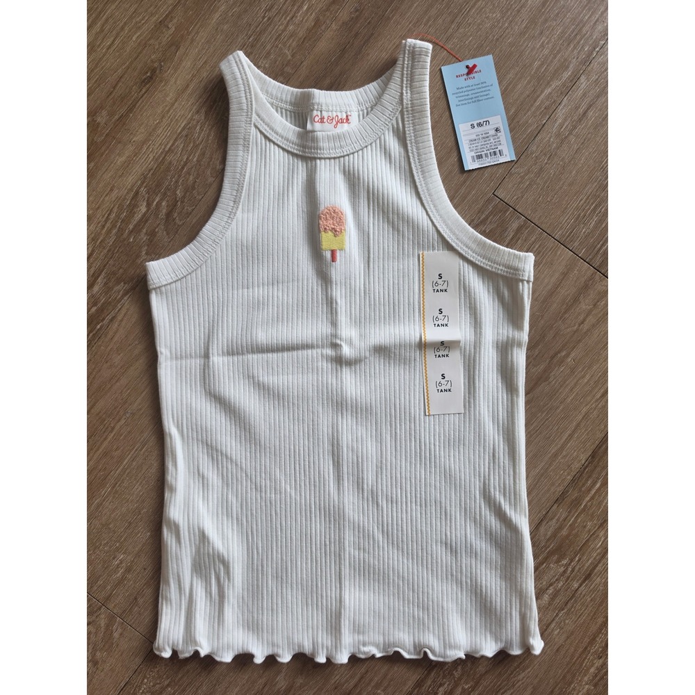 Cat & Jack Girls Tank Top‎ Small 6-7 White New Ribbed Popsicle Lettuce Edge Hem